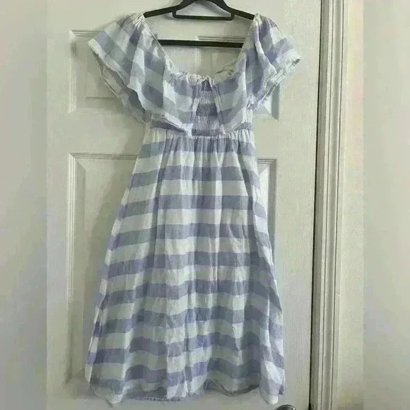 Lulu’s Transatlantic Voyage Blue Striped Off The Shoulder Dress Womens Small - Picture 2 of 4